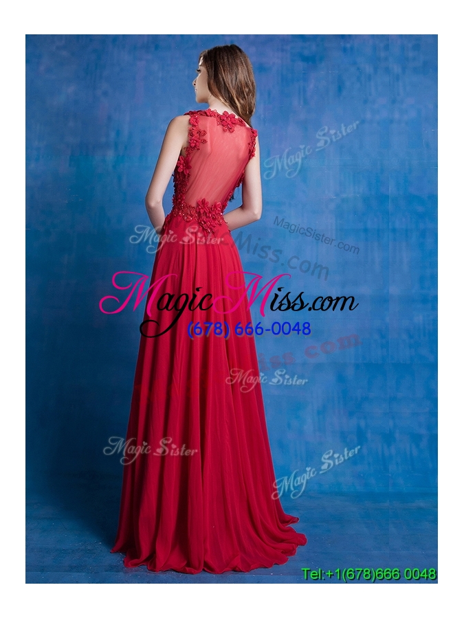 wholesale sexy deep v neckline red chiffon prom dress with appliques