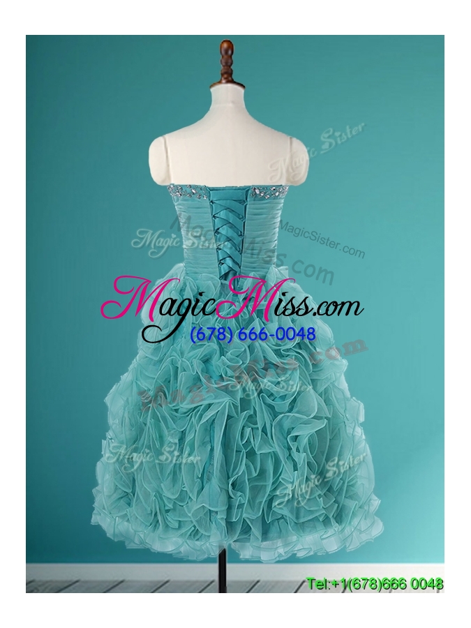 wholesale fashionable beaded top and ruffled short prom dress in turquoise