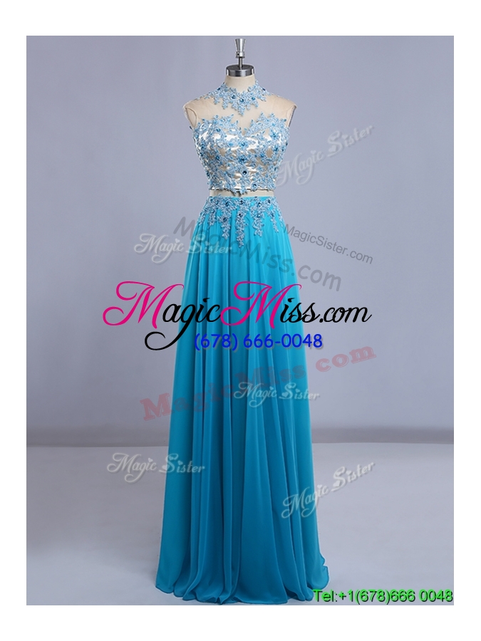 wholesale two piece high neck cap sleeves prom dress with beading and lace
