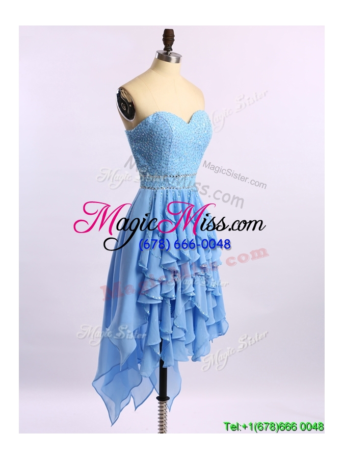 wholesale cheap beaded bodice and ruffled short prom dress in baby blue