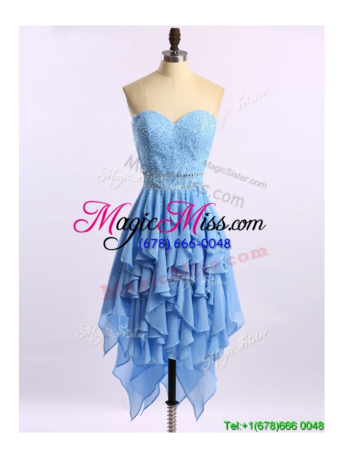 wholesale cheap beaded bodice and ruffled short prom dress in baby blue