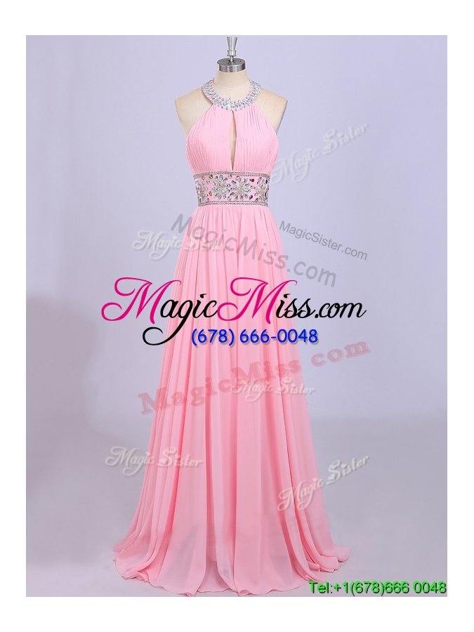wholesale gorgeous halter top beading prom dress in rose pink