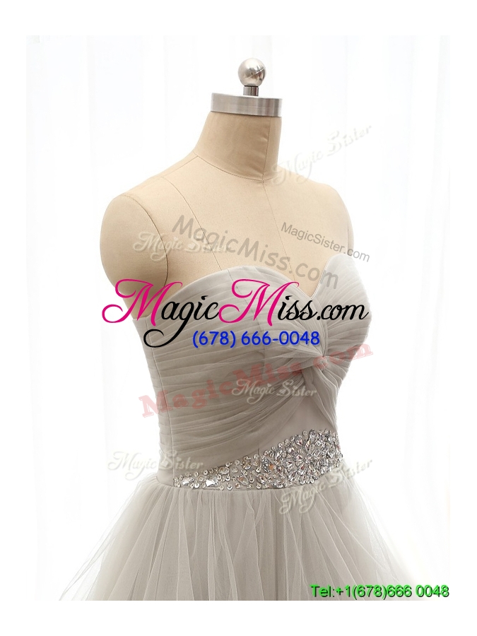 wholesale elegant beaded and ruffled grey prom dress with court train
