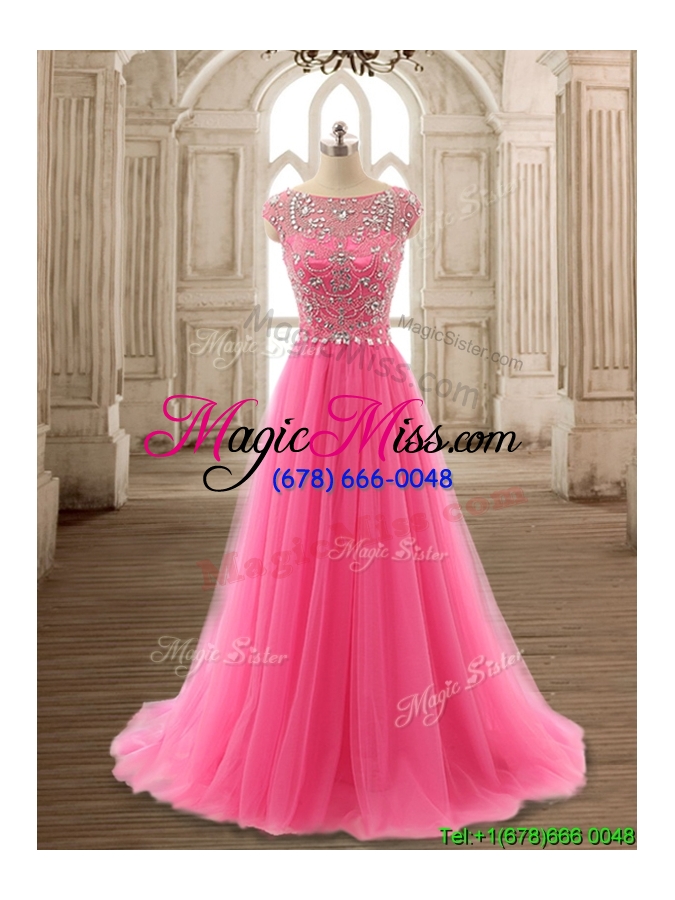 wholesale see through scoop cap sleeves beading prom gown in hot pink