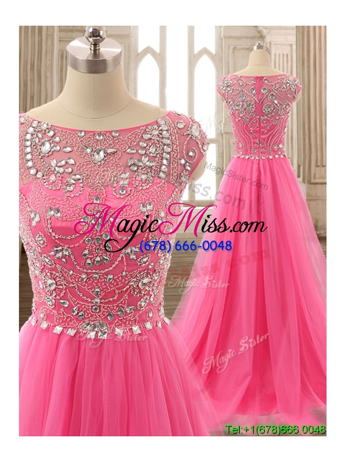wholesale see through scoop cap sleeves beading prom gown in hot pink