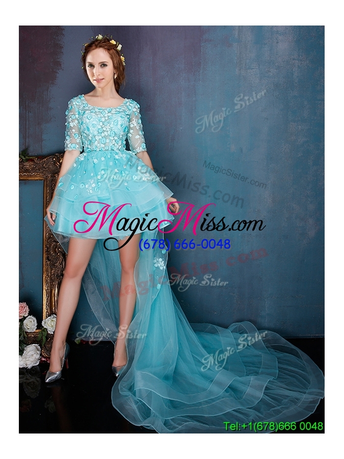 wholesale see through square half sleeves appliques prom dress with high low