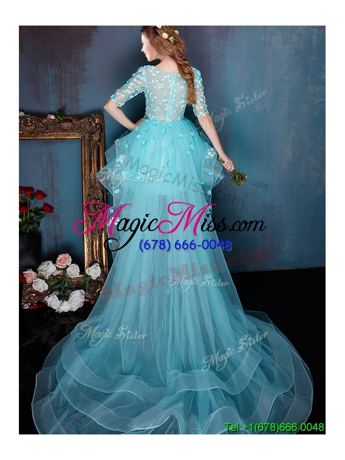wholesale see through square half sleeves appliques prom dress with high low