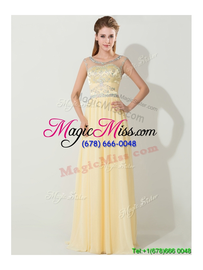wholesale see through scoop light yellow prom dress with beading