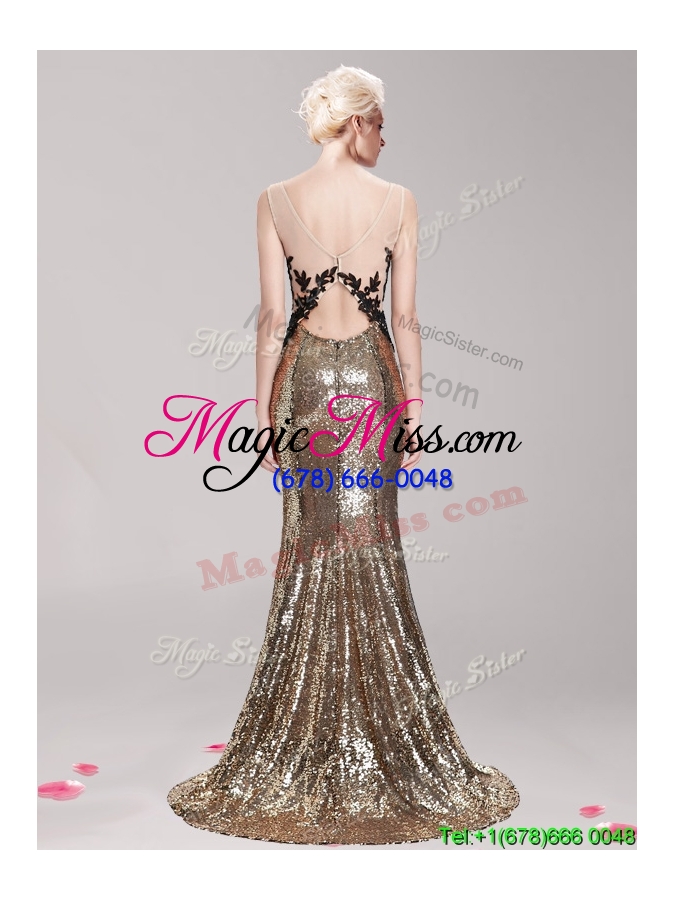 wholesale affordable square sequined and applique mermaid prom dress with brush train