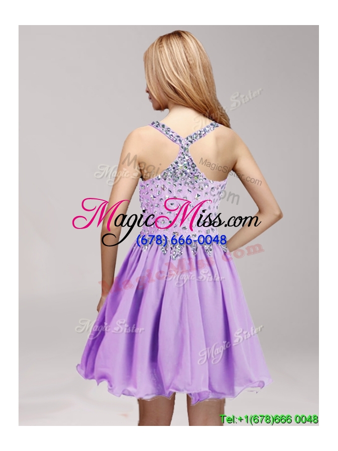 wholesale beautiful straps beaded and ruffled short prom dress in lilac