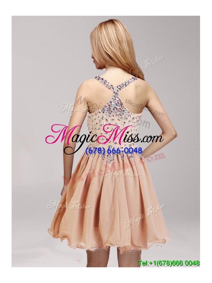 wholesale unique straps criss cross champagne prom dress with ruffles and beading