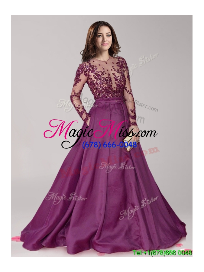 wholesale see through scoop long sleeves dark purple prom dress with beading