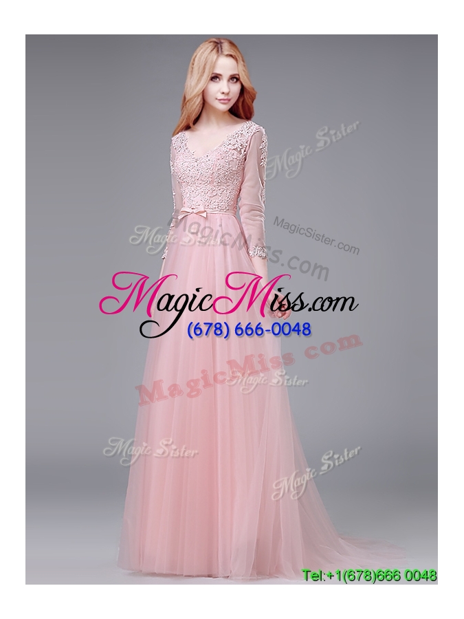 wholesale see through v neck three fourth length sleeves prom dress with lace and bowknot