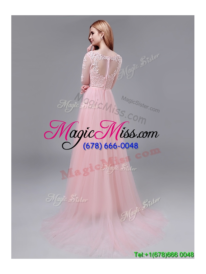 wholesale see through v neck three fourth length sleeves prom dress with lace and bowknot