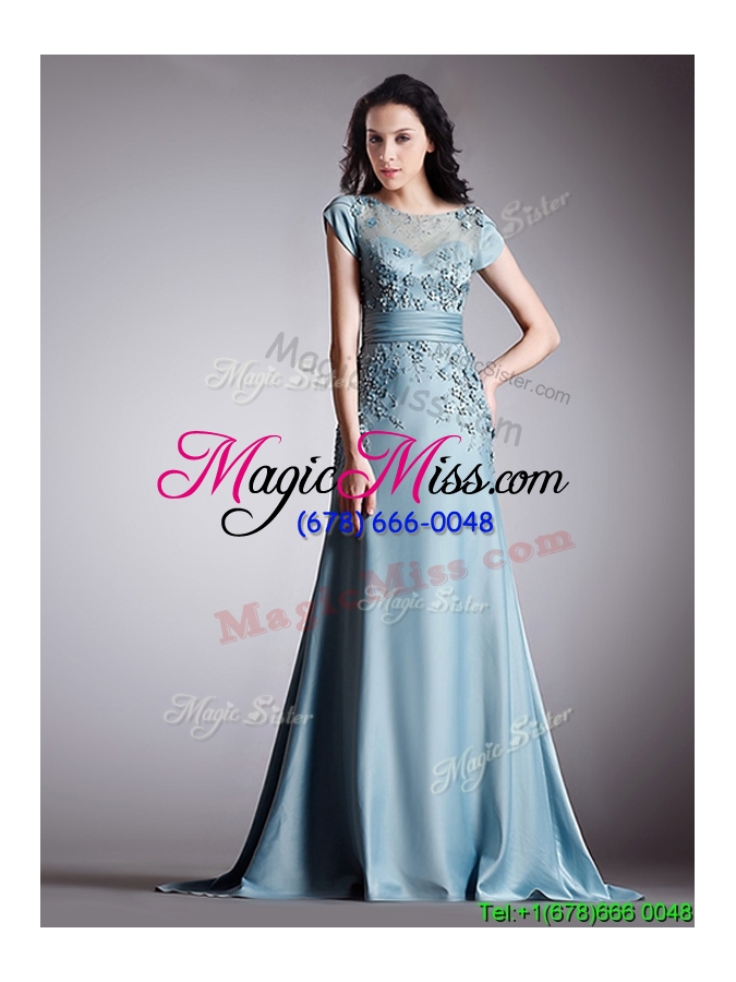 wholesale see through scoop cap sleeves appliques prom dress with brush train