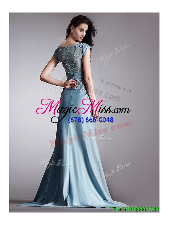 wholesale see through scoop cap sleeves appliques prom dress with brush train