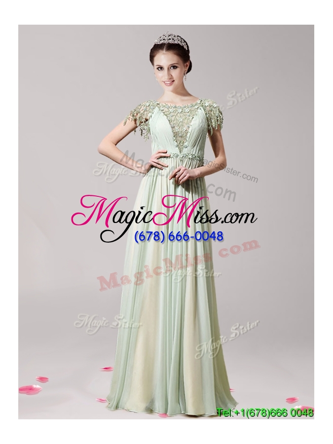 wholesale lovely scoop short sleeves appliques prom dress in apple green for spring