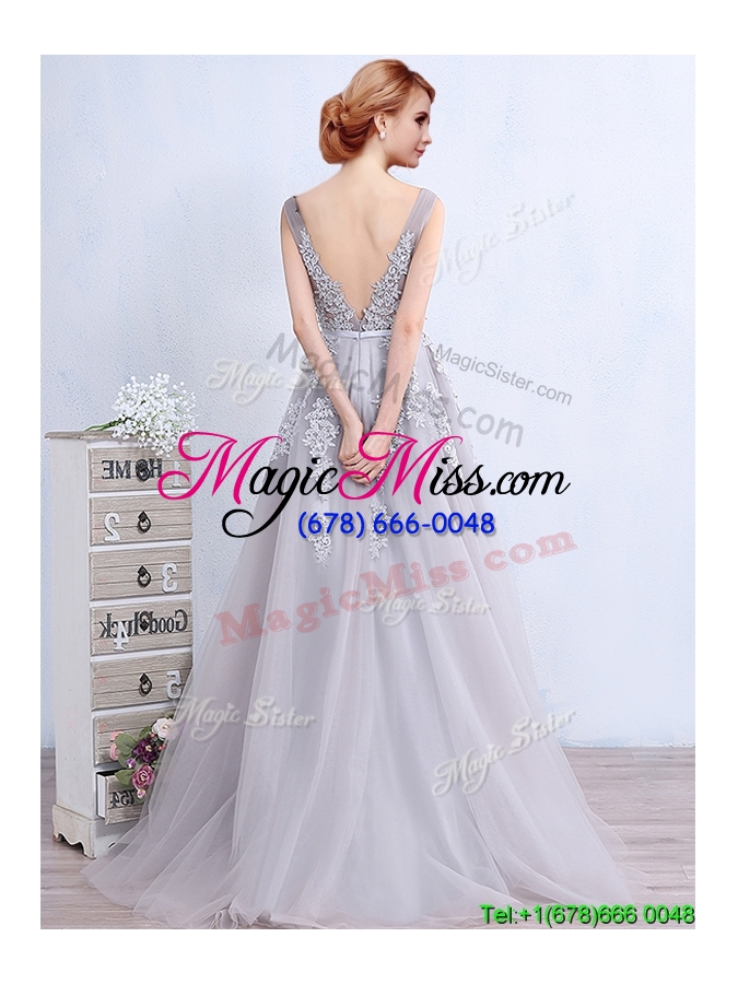 wholesale elegant v neck brush train grey prom dress with appliques and belt
