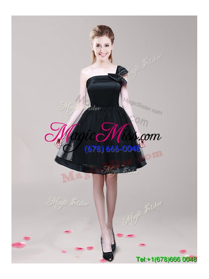 wholesale luxurious one shoulder short black prom dress with bowknot
