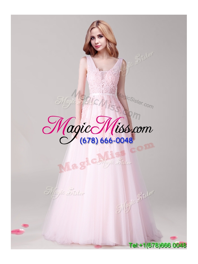wholesale beautiful v neck applique and belted prom dress in baby pink
