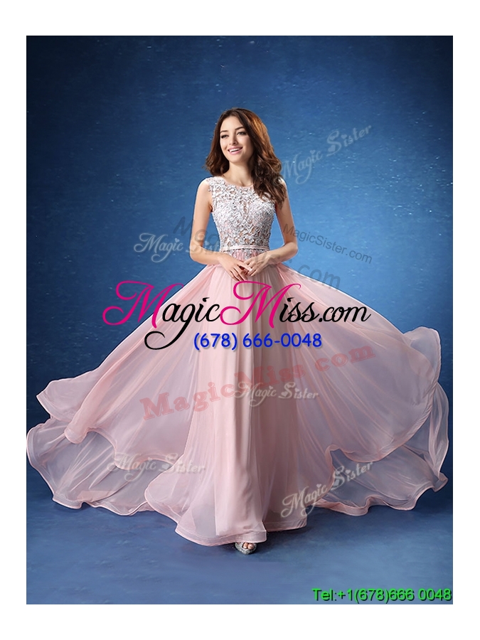 wholesale pretty scoop baby pink chiffon prom dress with lace and belt