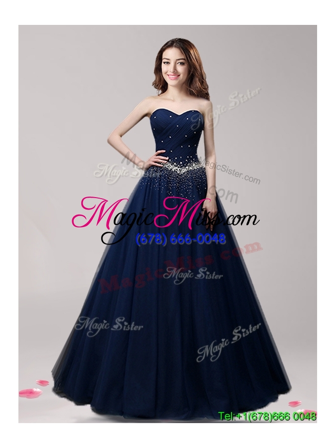 wholesale lovely a line navy blue tulle prom dress with beading