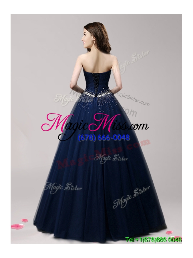 wholesale lovely a line navy blue tulle prom dress with beading