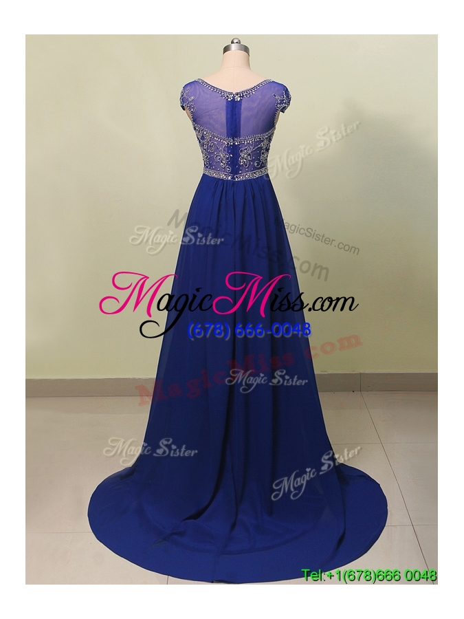 wholesale see through scoop cap sleeves beading evening dress in royal blue