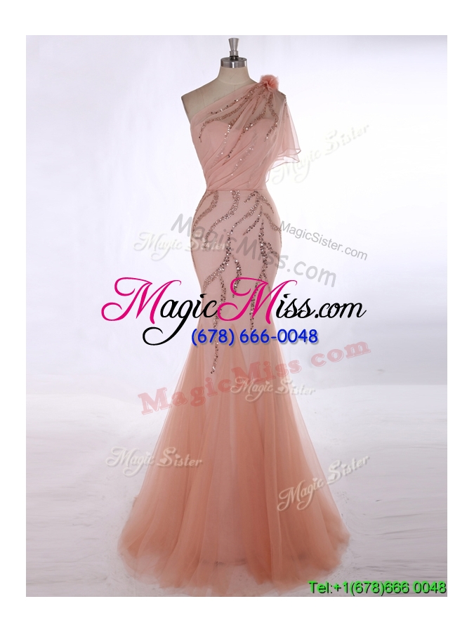 wholesale romantic one shoulder orange red evening dress with beading and hand made flowers