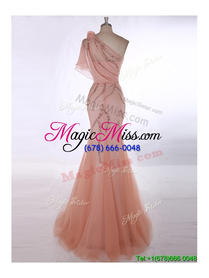 wholesale romantic one shoulder orange red evening dress with beading and hand made flowers