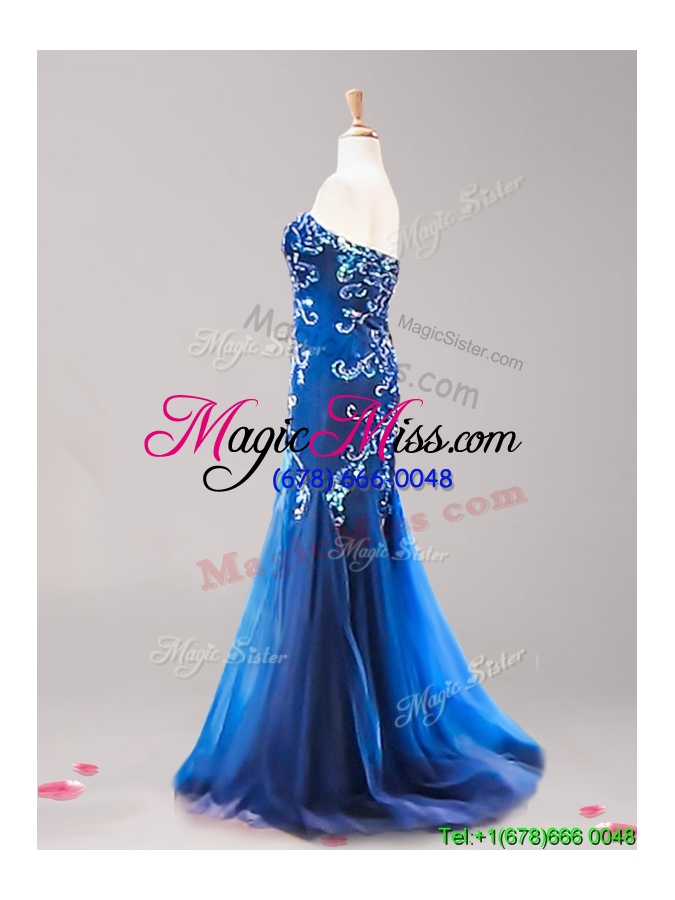 wholesale inexpensive brush train royal blue evening dress with beading and appliques