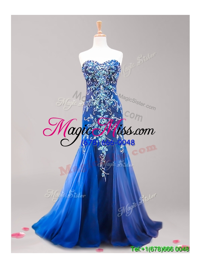 wholesale inexpensive brush train royal blue evening dress with beading and appliques