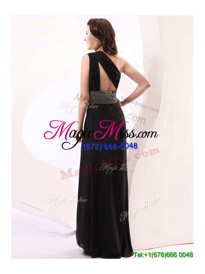 wholesale luxurious one shoulder black high slit evening dress with beading