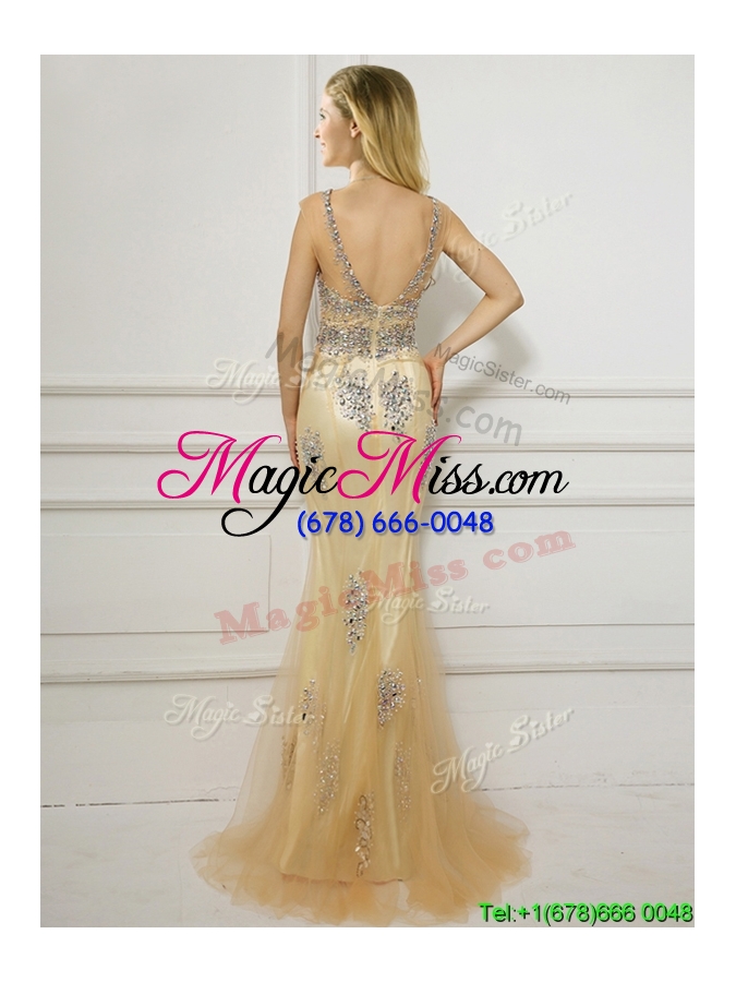 wholesale popular scoop cap sleeves champagne evening dress with beading