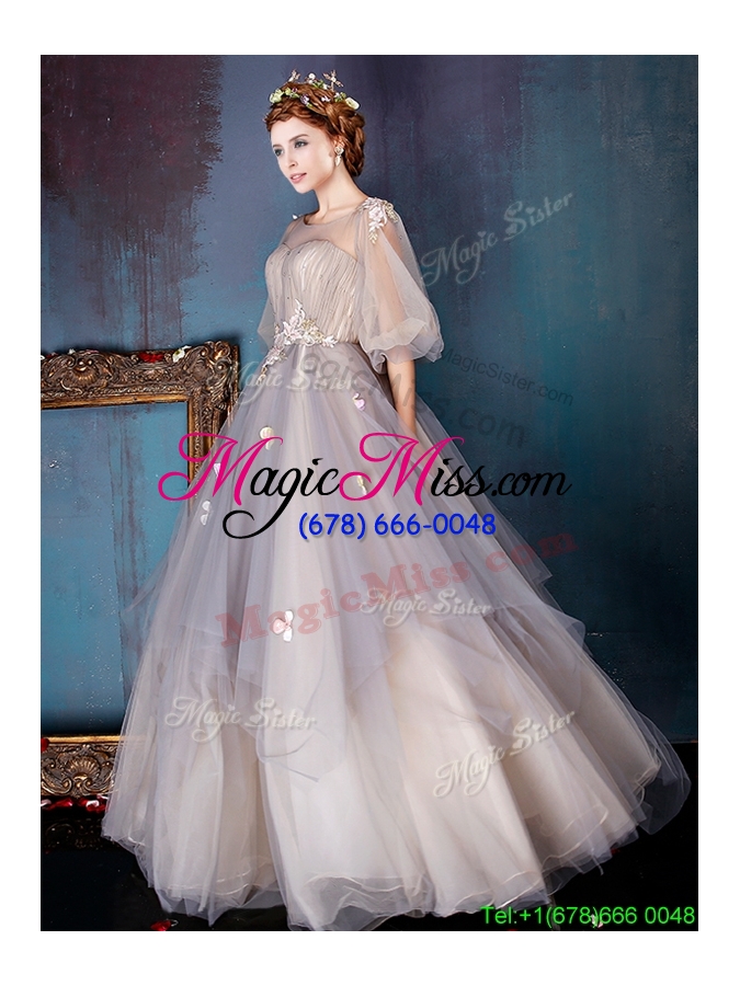 wholesale see through scoop half sleeves tulle evening dress with appliques