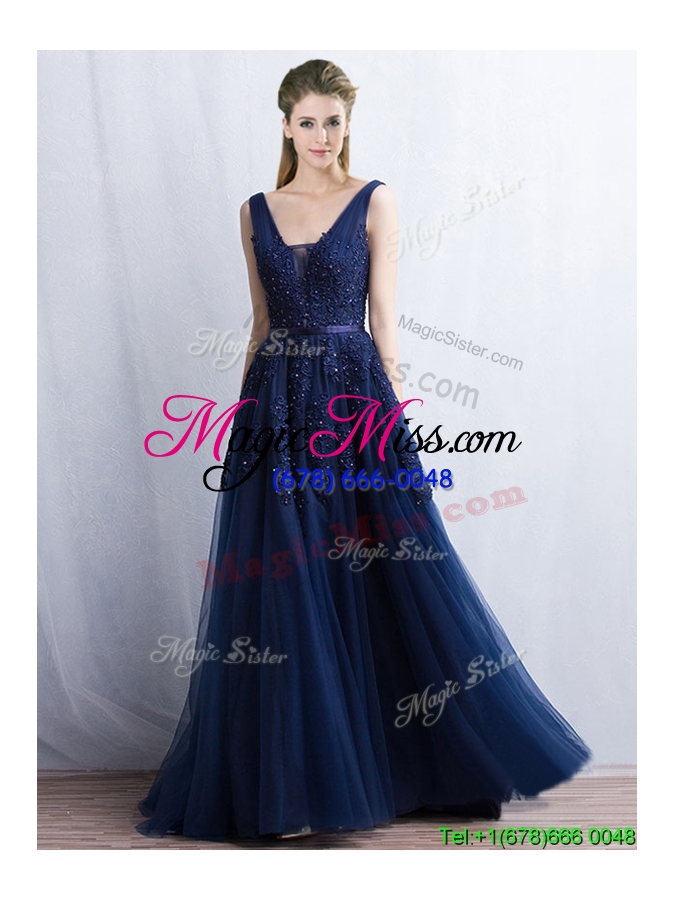 wholesale cheap applique and belted navy blue evening dress with brush train