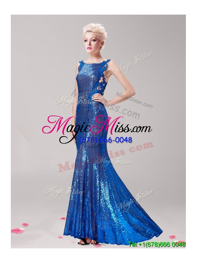 wholesale gorgeous square sequined and applique evening dress in royal blue