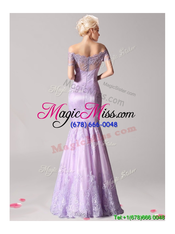 wholesale fashionable off the shoulder short sleeves evening dress with beading and lace