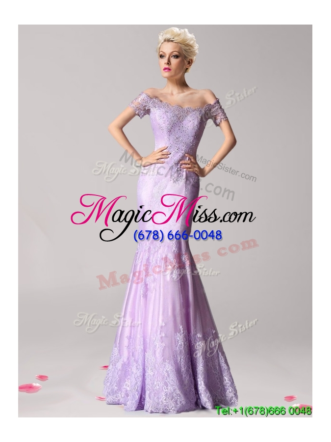 wholesale fashionable off the shoulder short sleeves evening dress with beading and lace