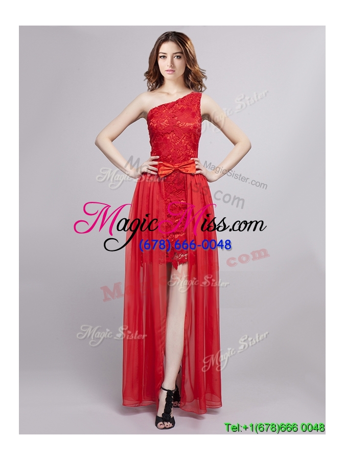wholesale cheap one shoulder red detachable evening dress with bowknot and lace