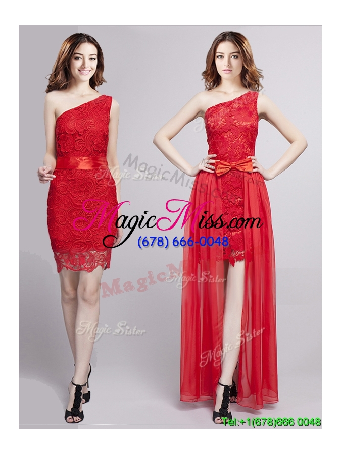 wholesale cheap one shoulder red detachable evening dress with bowknot and lace