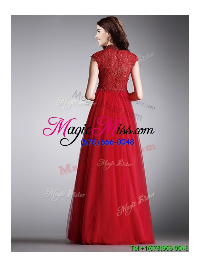 wholesale classical high neck cap sleeves lace evening dress in red