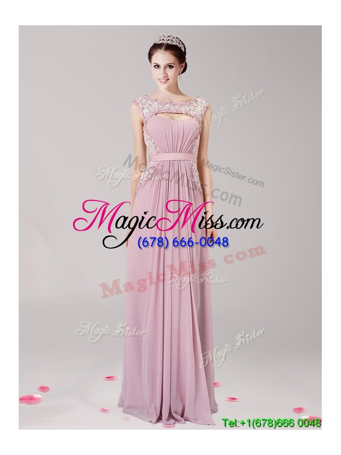 wholesale new arrivals scoop pink chiffon evening dress with appliques
