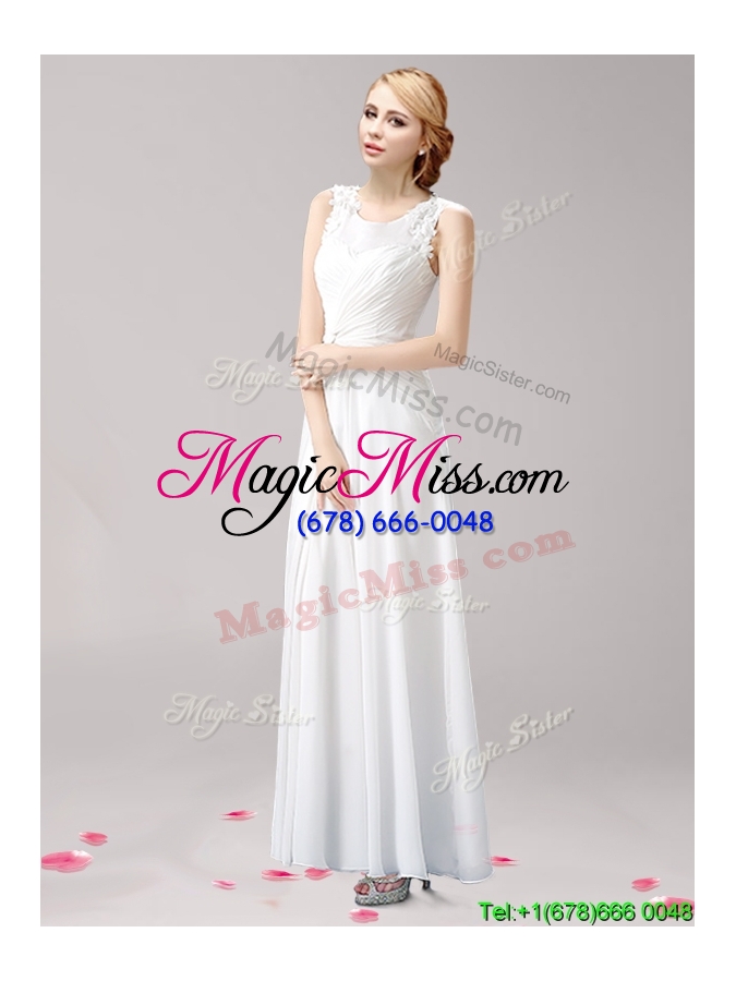 wholesale fashionable high slit scoop white evening dress with appliques
