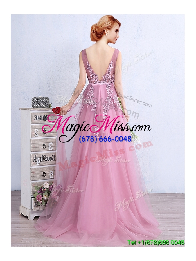 wholesale wonderful v neck applique and belted evening dress with brush train