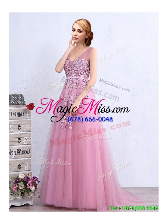 wholesale wonderful v neck applique and belted evening dress with brush train