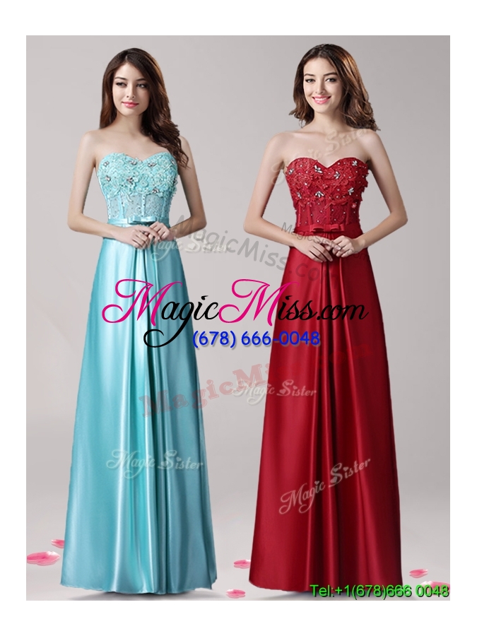 wholesale best aqua blue satin evening dress with beading and bowknot