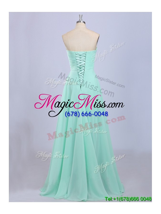 wholesale discount beaded strapless apple green prom dress with brush train