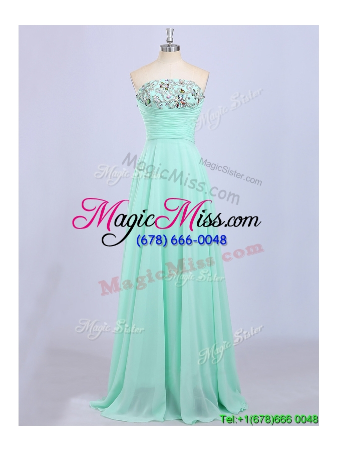 wholesale discount beaded strapless apple green prom dress with brush train