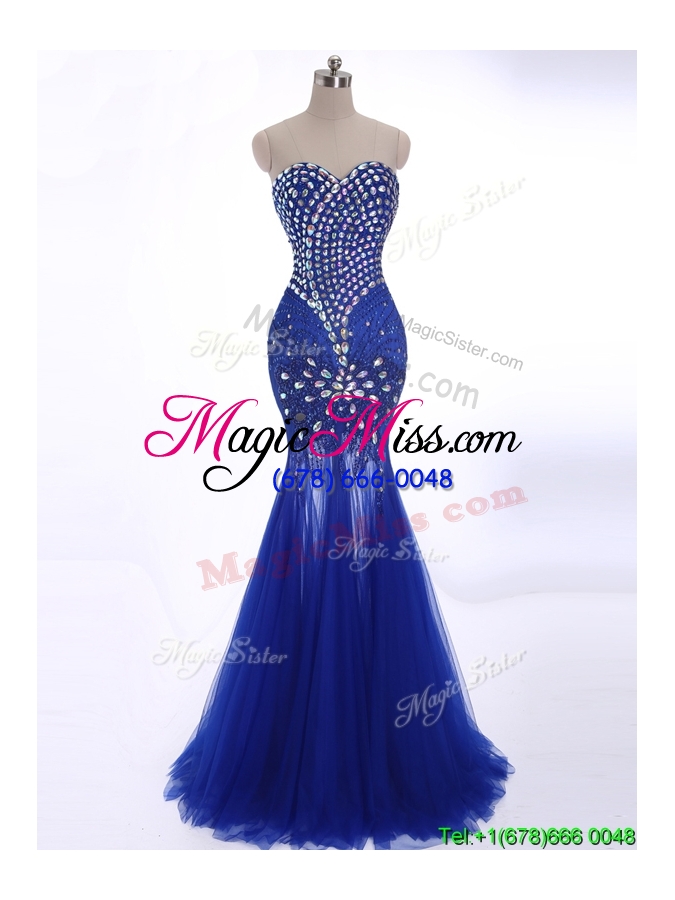 wholesale elegant mermaid beading brush train prom dress in royal blue